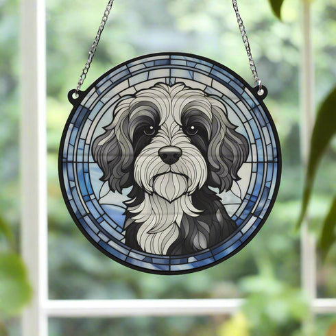 Cavapoo Black & White Stained Glass Effect Suncatcher